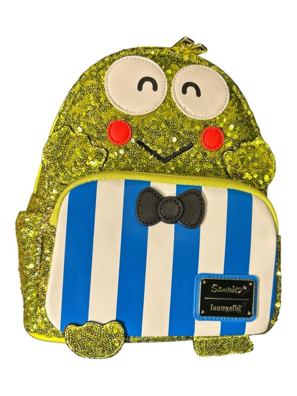 Loungefly Keroppi from Sanrio Green Sequin Backpack with Blue & White Stripes
